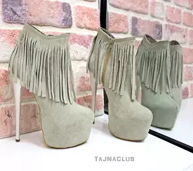 Beige Suede Fringe High Heel Platform Ankle Booties