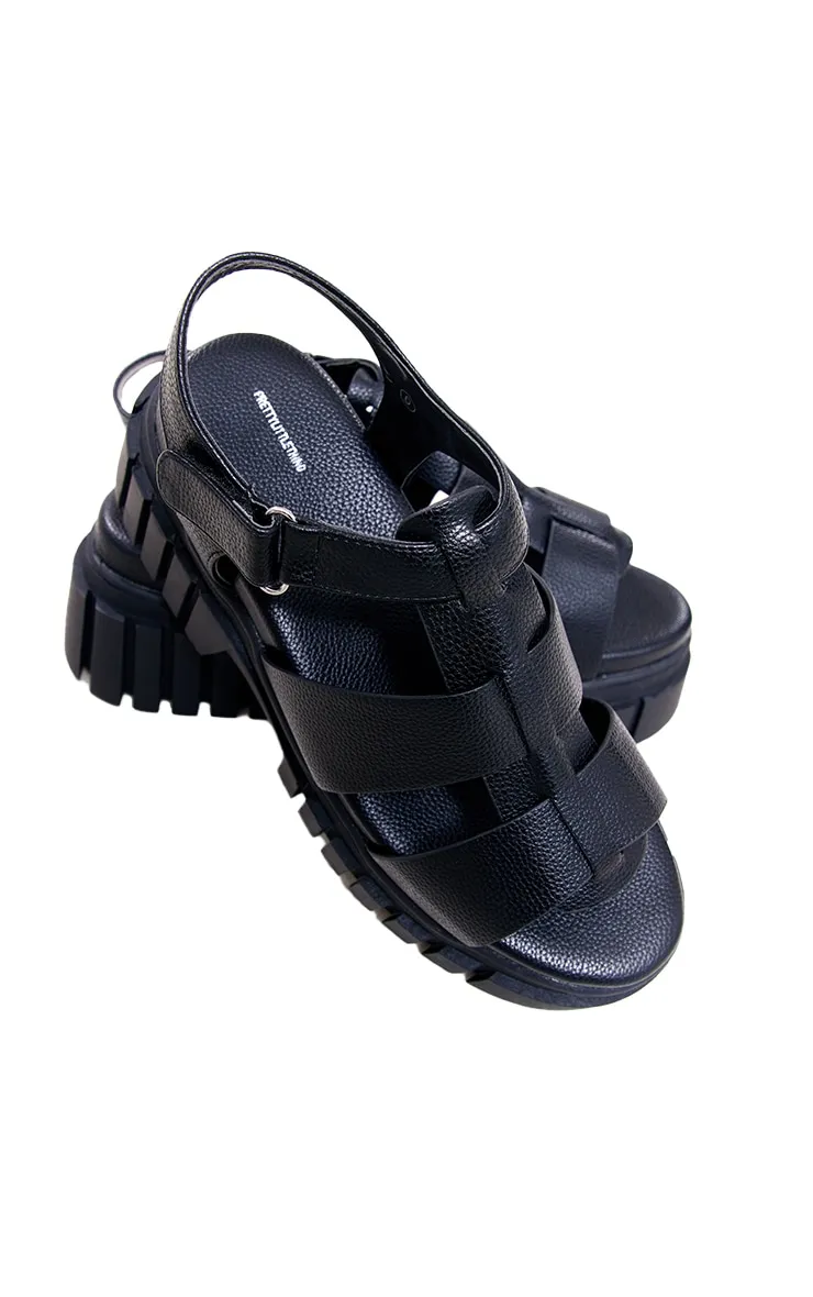 Black Faux Leather Velcro Strap Sole Sandals