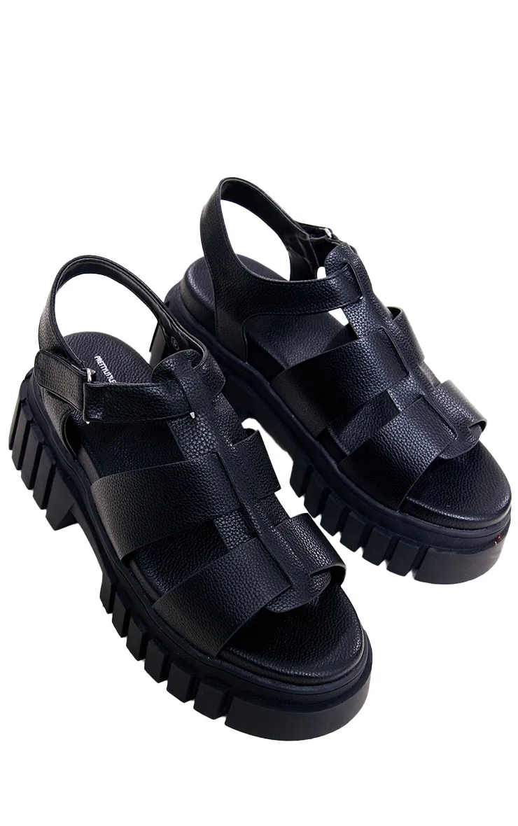 Black Faux Leather Velcro Strap Sole Sandals