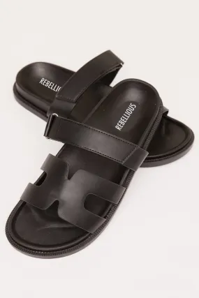 Black Gladiator Faux Leather Velcro Strap Slider Sandals - Aloni