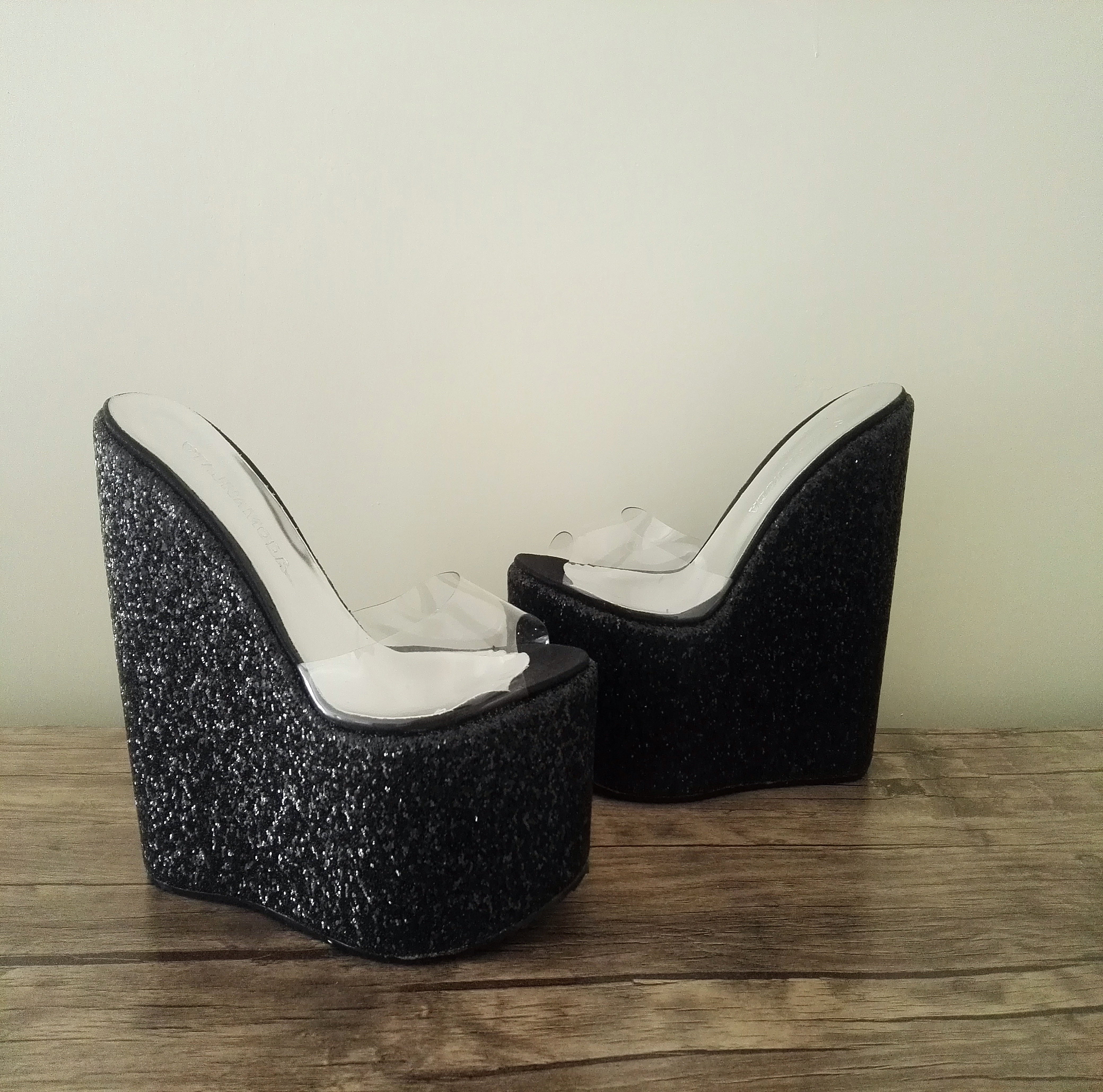 Black Glitter Platform High Heel Mules