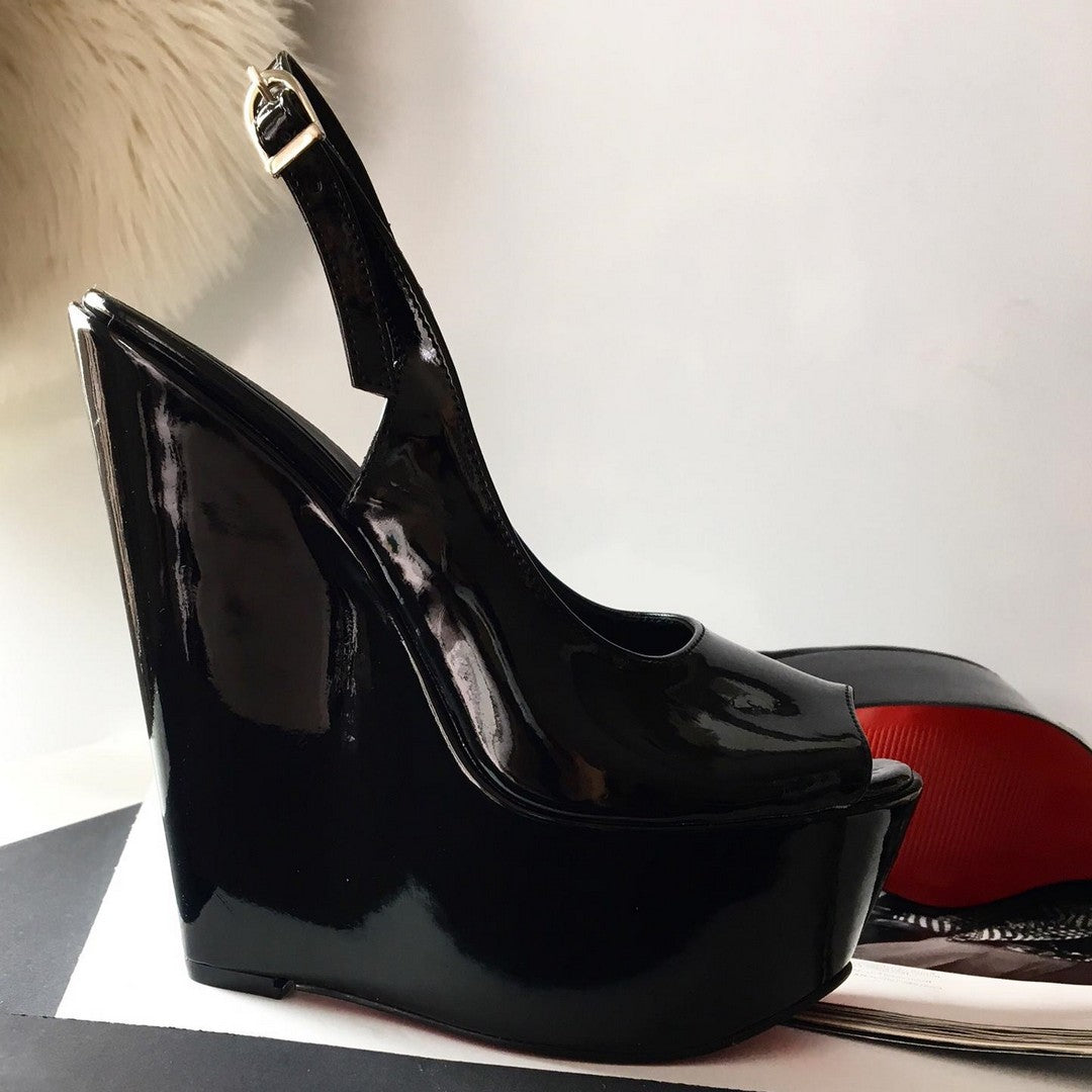 Black Patent Peep Toe Wedges