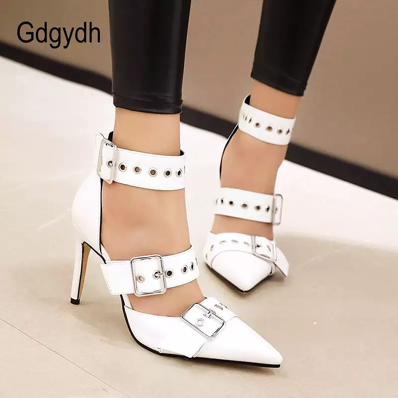 Black Punk Gothic High Heels Sexy Plus Size Pointed Toe Fashion Buckle Rivet Women Pumps Wedding Shoes Stiletto Heels New