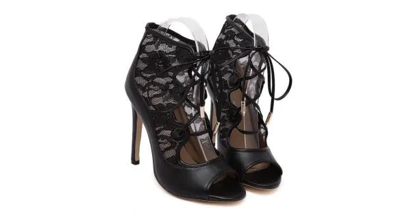 Black Sexy Lace Peep Toe Gladiator Strappy Pumps Lace Up High Stiletto Heels Shoes