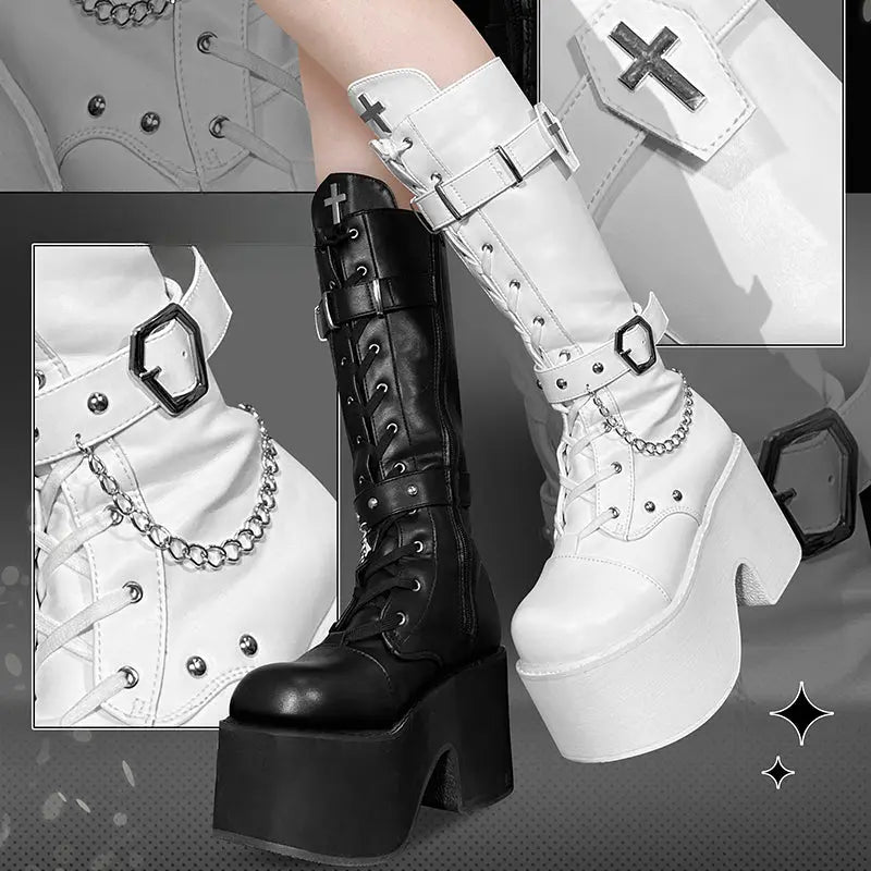 Black White Cross Boots ON1418