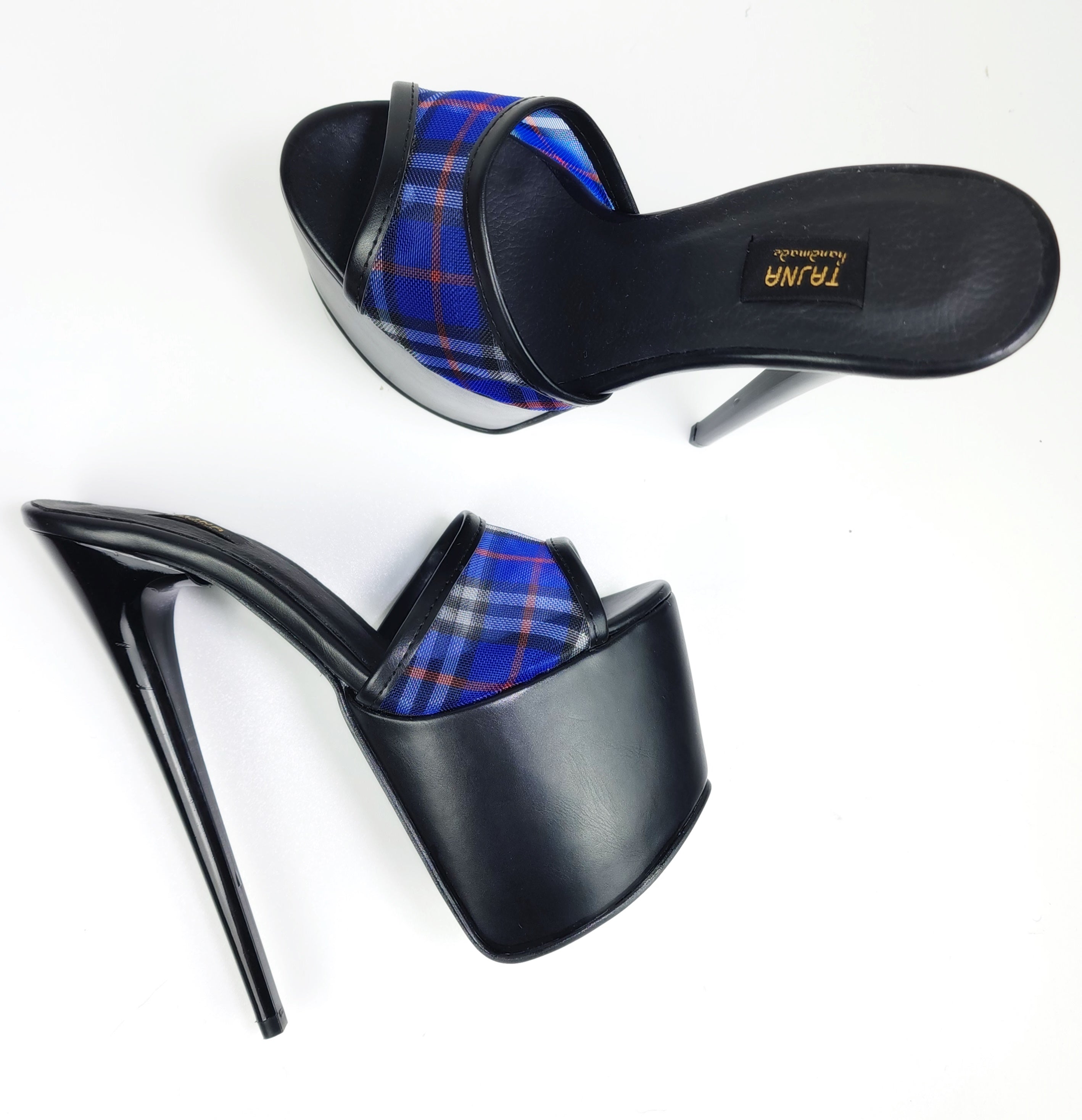 Blue Transparent Tartan Plaid High Heel Mules