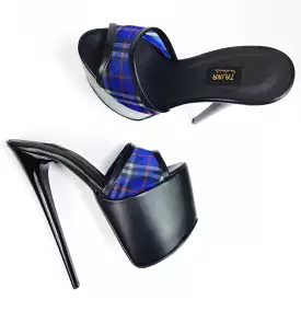 Blue Transparent Tartan Plaid High Heel Mules