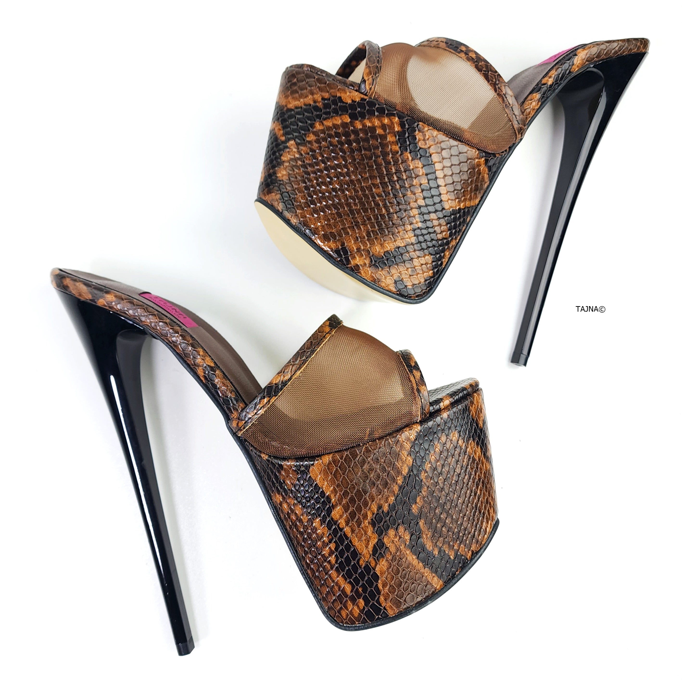 Brown Transparent Snake Print High Heel Mules