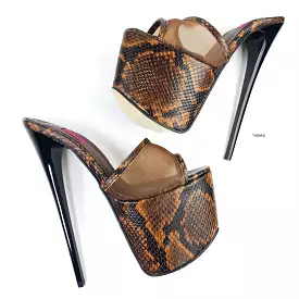 Brown Transparent Snake Print High Heel Mules