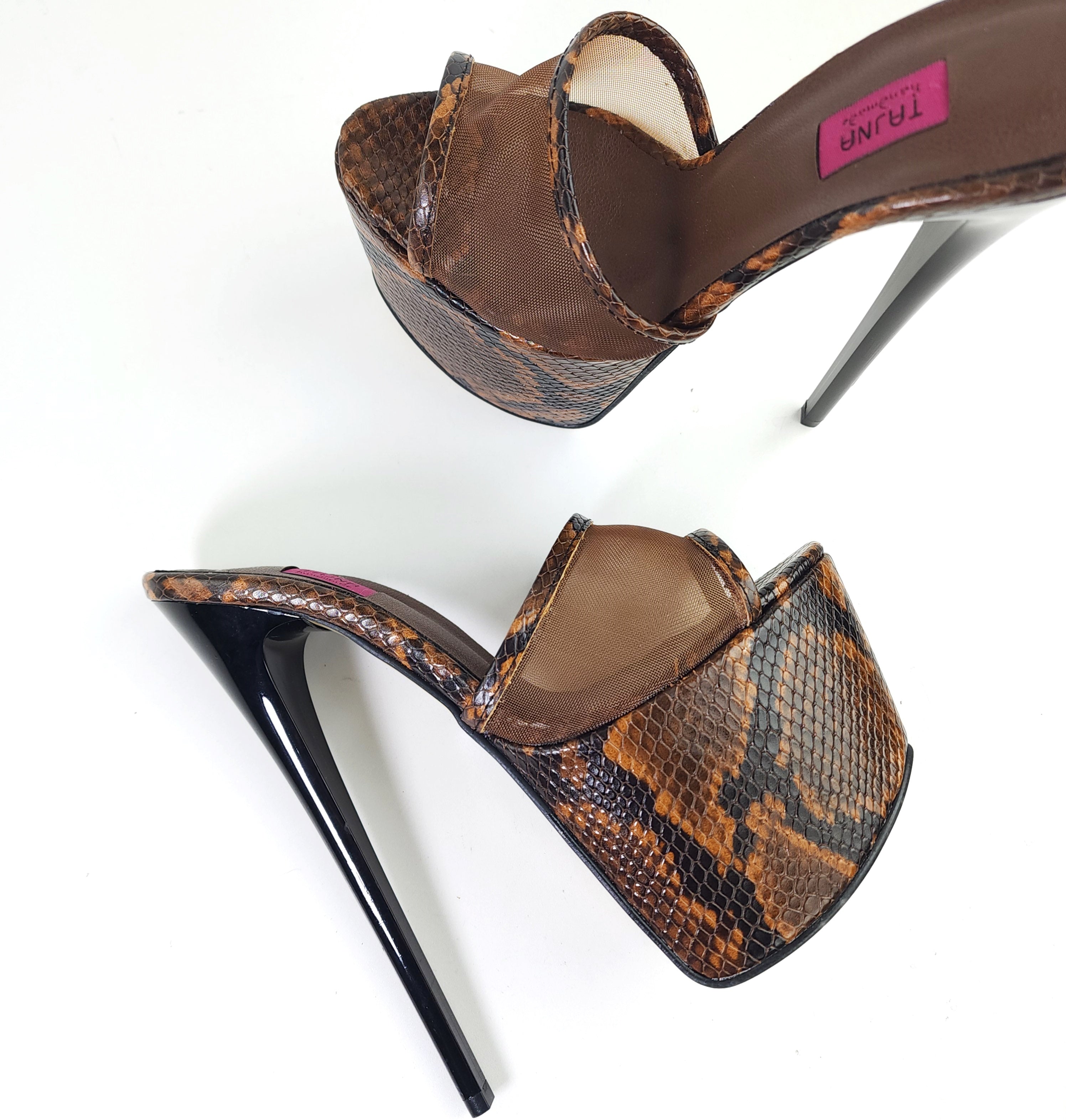 Brown Transparent Snake Print High Heel Mules