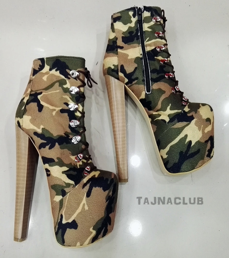 Camouflage Ankle High Heel Lace-Up Booties