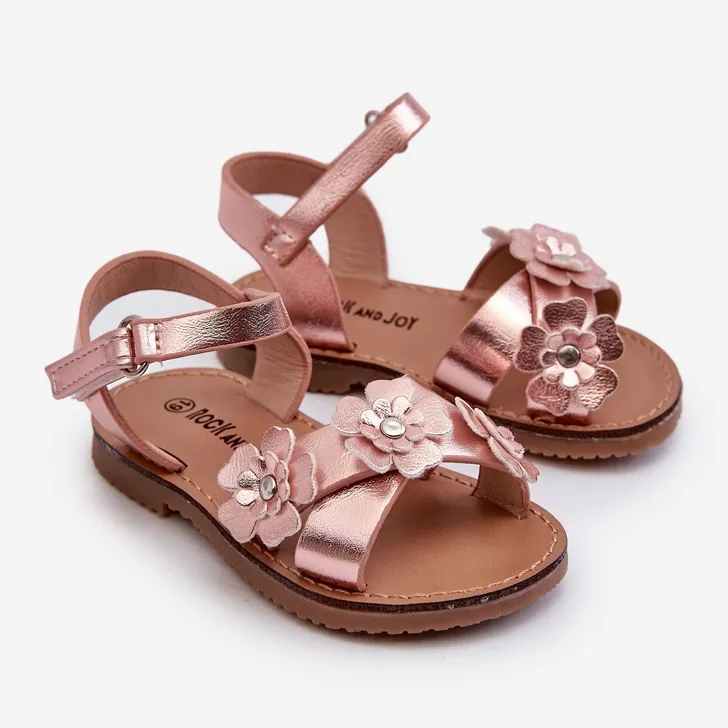 Children's Sandals Decorated with Flowers, Fastened with Velcro, Pink Fagossa