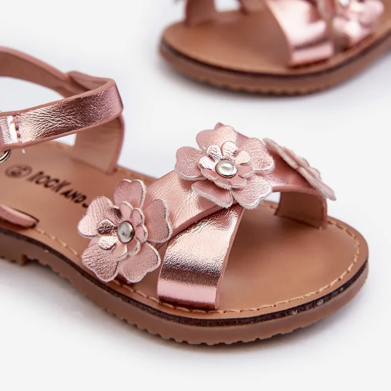 Children's Sandals Decorated with Flowers, Fastened with Velcro, Pink Fagossa