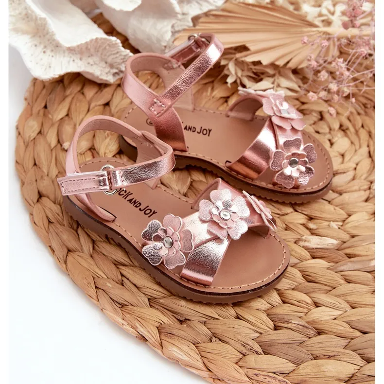 Children's Sandals Decorated with Flowers, Fastened with Velcro, Pink Fagossa