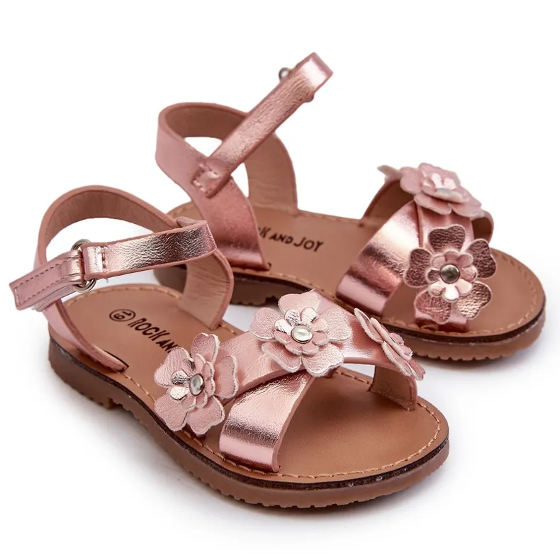 Children's Sandals Decorated with Flowers, Fastened with Velcro, Pink Fagossa