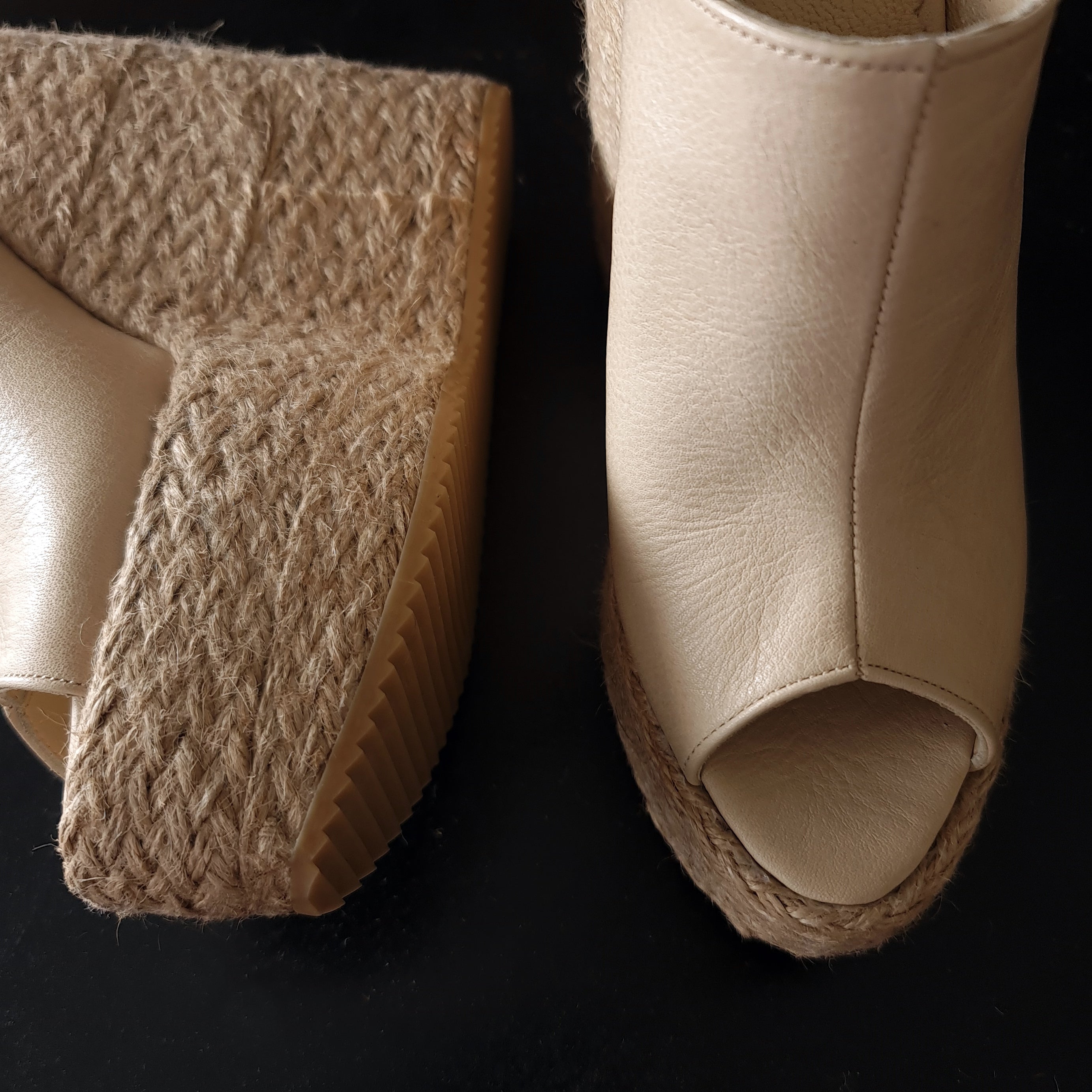 Cream Genuine Leather Espadril Heel Wedge Mules