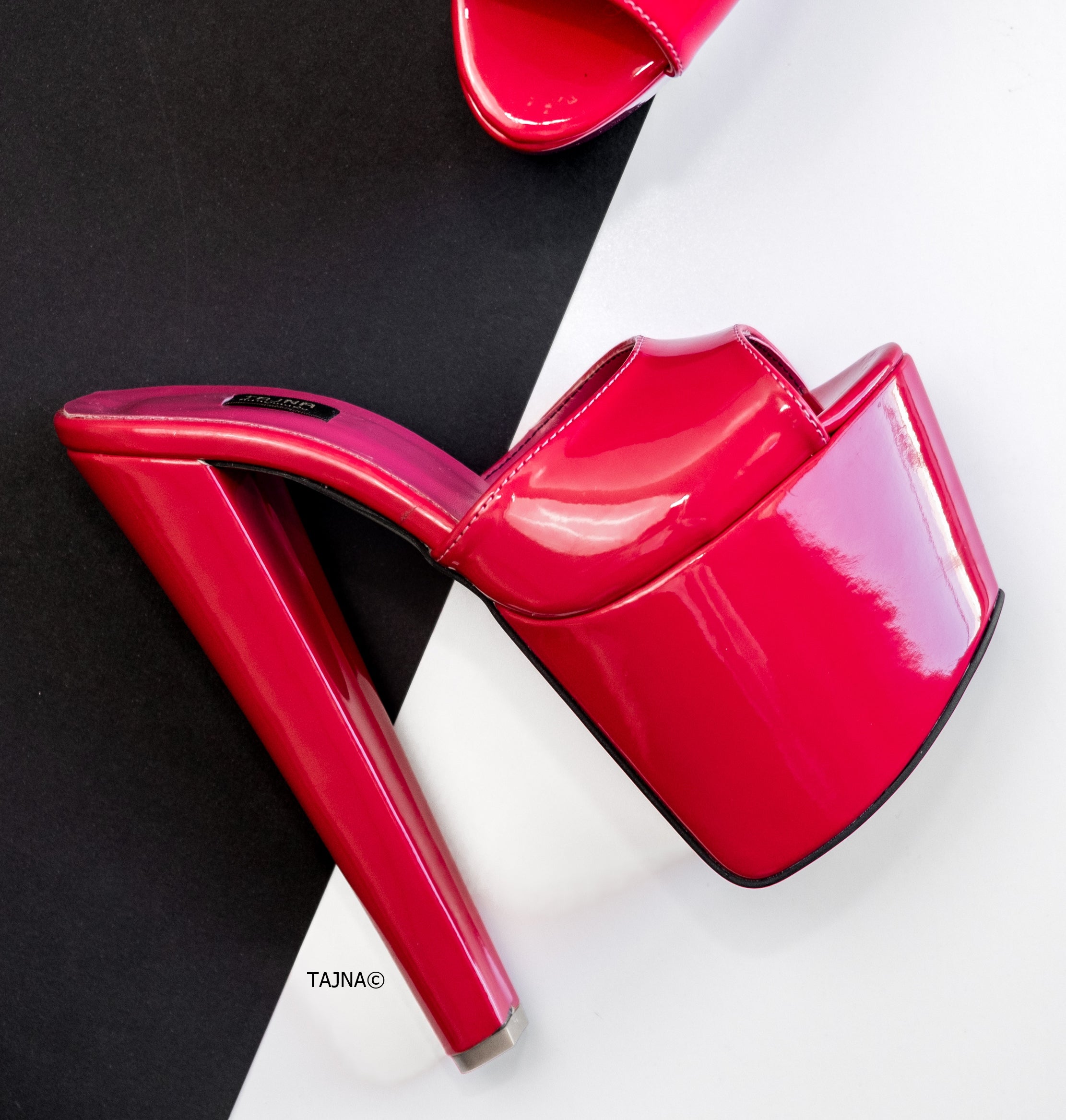 Dark Pink Gloss High Heel Platform Mules