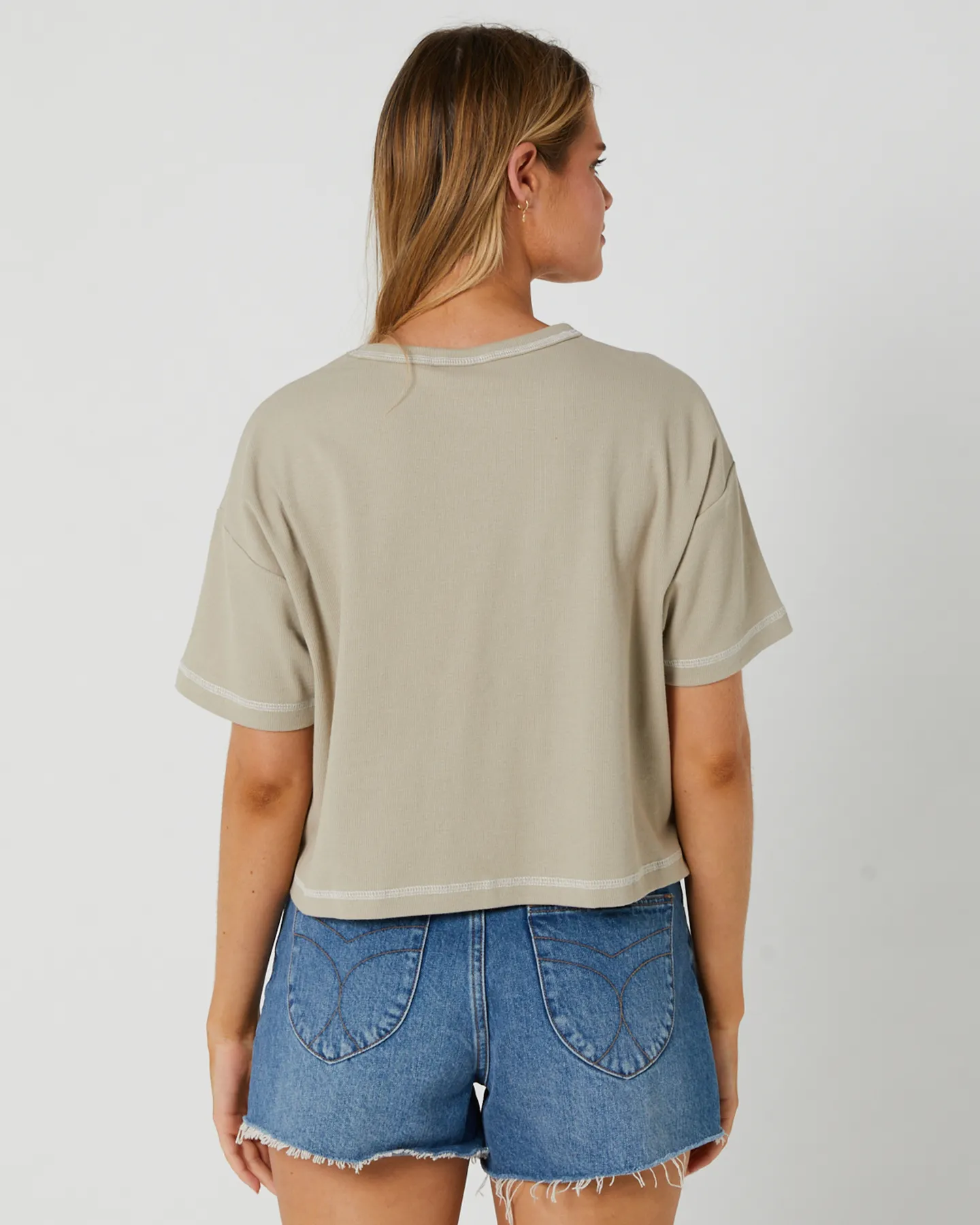 Depactus Bob Boxy Cover Stitch Cropped Tee Taupe - Taupe | SurfStitch