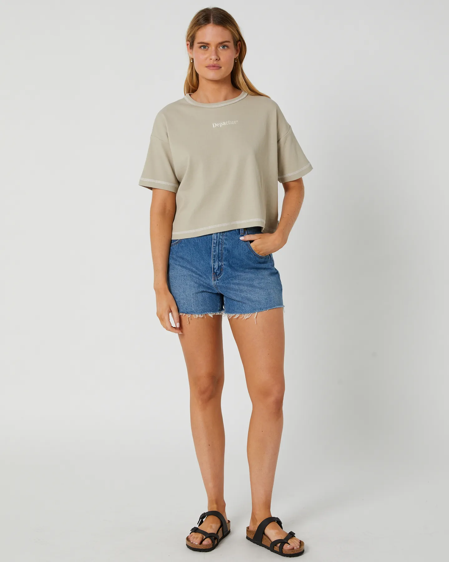 Depactus Bob Boxy Cover Stitch Cropped Tee Taupe - Taupe | SurfStitch