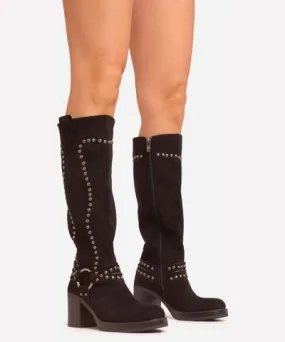 EGO Sola Stud Ring Detail Platform Block Heel Knee High Long Boot In Black Faux Suede