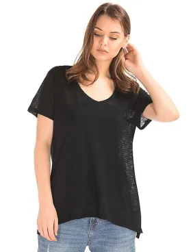 GAP Women Black Linen V-Neck Tee