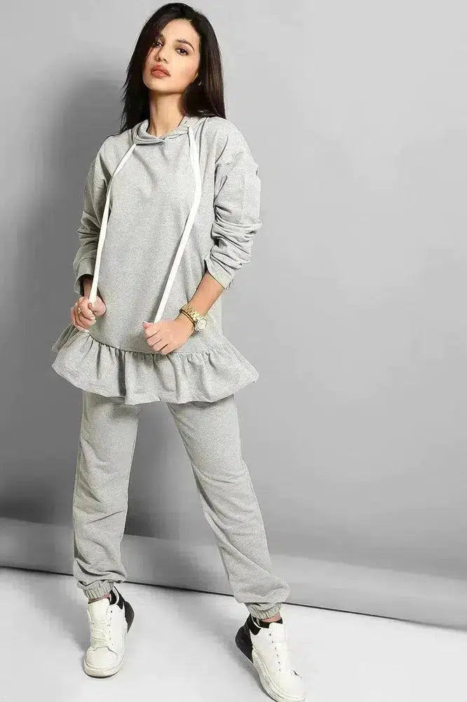 Grey Frilled Hem Hoodie Tracksuit