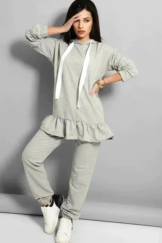 Grey Frilled Hem Hoodie Tracksuit