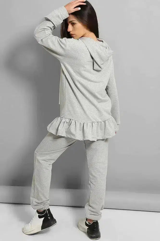 Grey Frilled Hem Hoodie Tracksuit