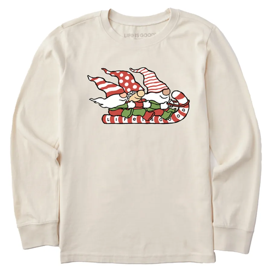 Life is Good Unisex Long Sleeve Gnome Toboggan Ride Crusher Graphic T-Shirt - Putty White