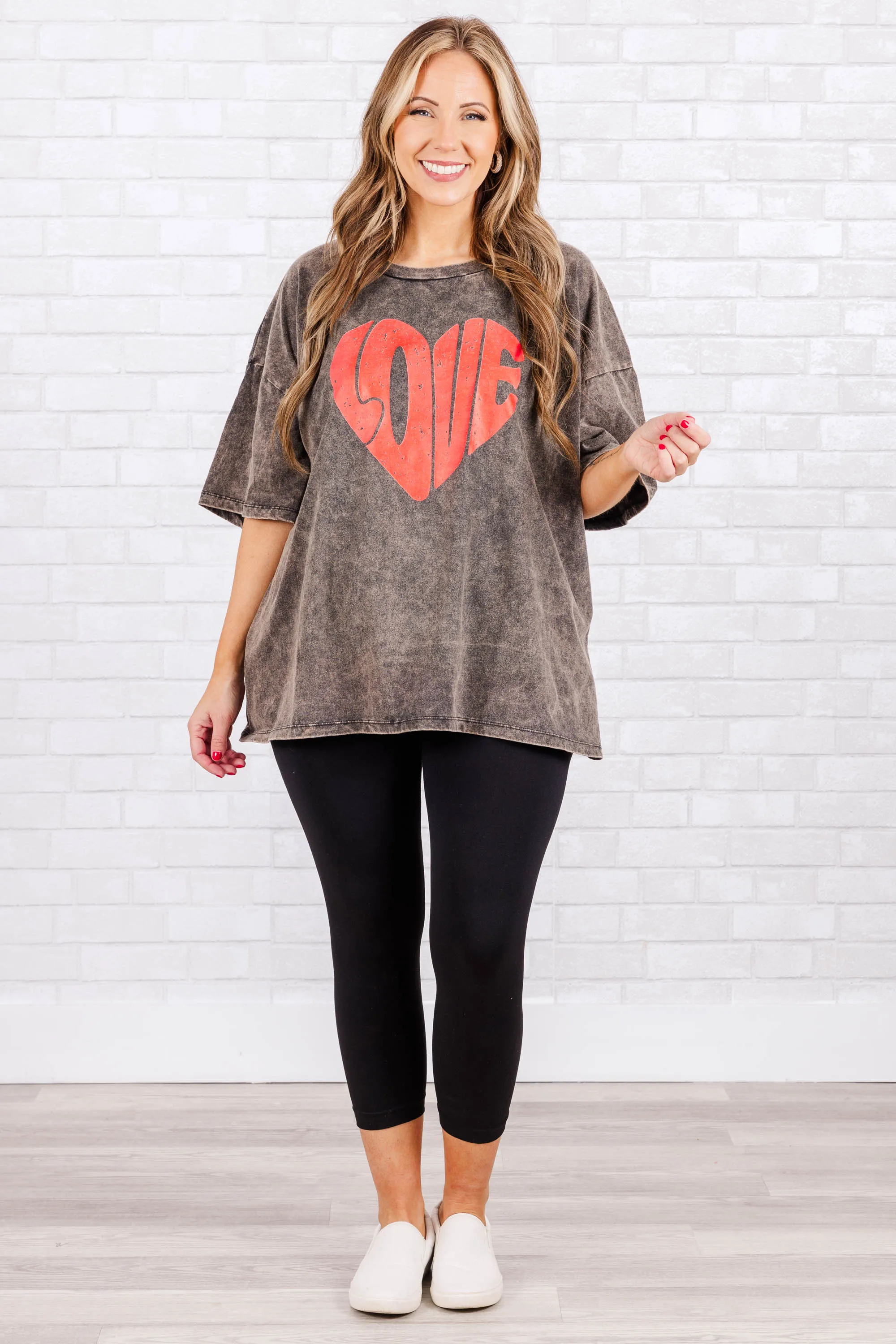 Love Is In The Air Acid Wash Boyfriend Tee, Ash Black