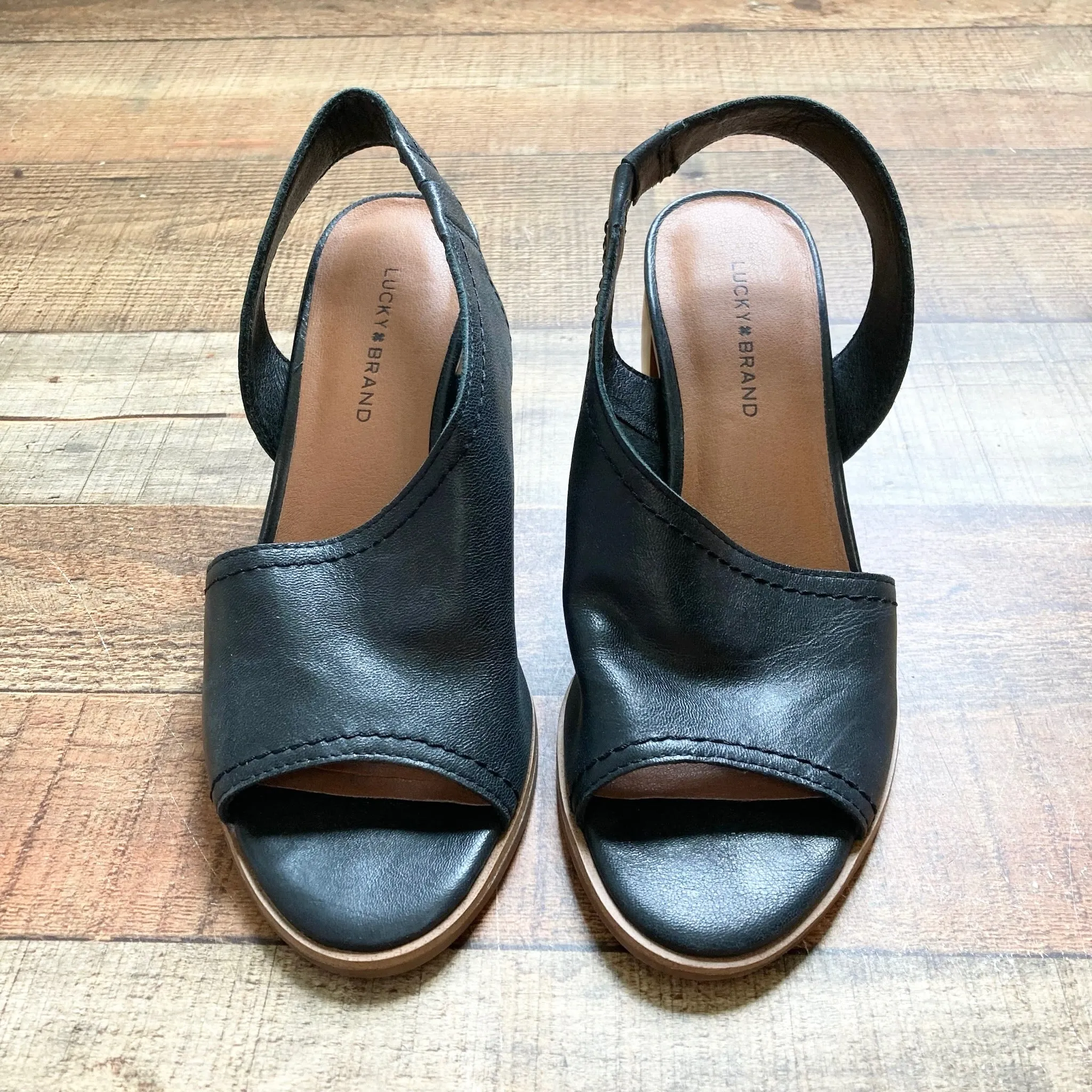 Lucky Brand Black Leather Open Toe Side Cutout Heeled Sandals- Size 7.5