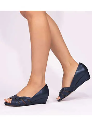 Navy Wide Fit Shimmer Peep Toe Wedge Sandals by Paradox London | Look Again