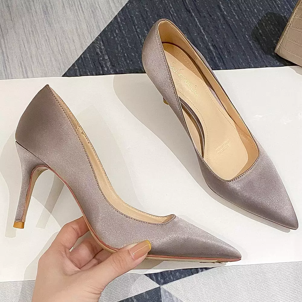 New Office Lady Pointed Toe Silk Satin Thin High Heels Stiletto