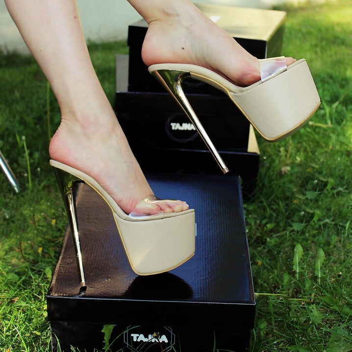 Nude Platform Mules With Transparent Strap