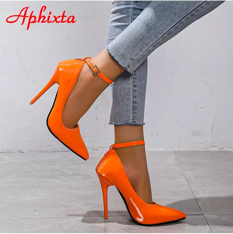 Orange New Luxury Crystals Buckle Pimp Super High 12cm Stiletto heels Pumps Women Shoes Pointed Toe Colorful Party Pumps