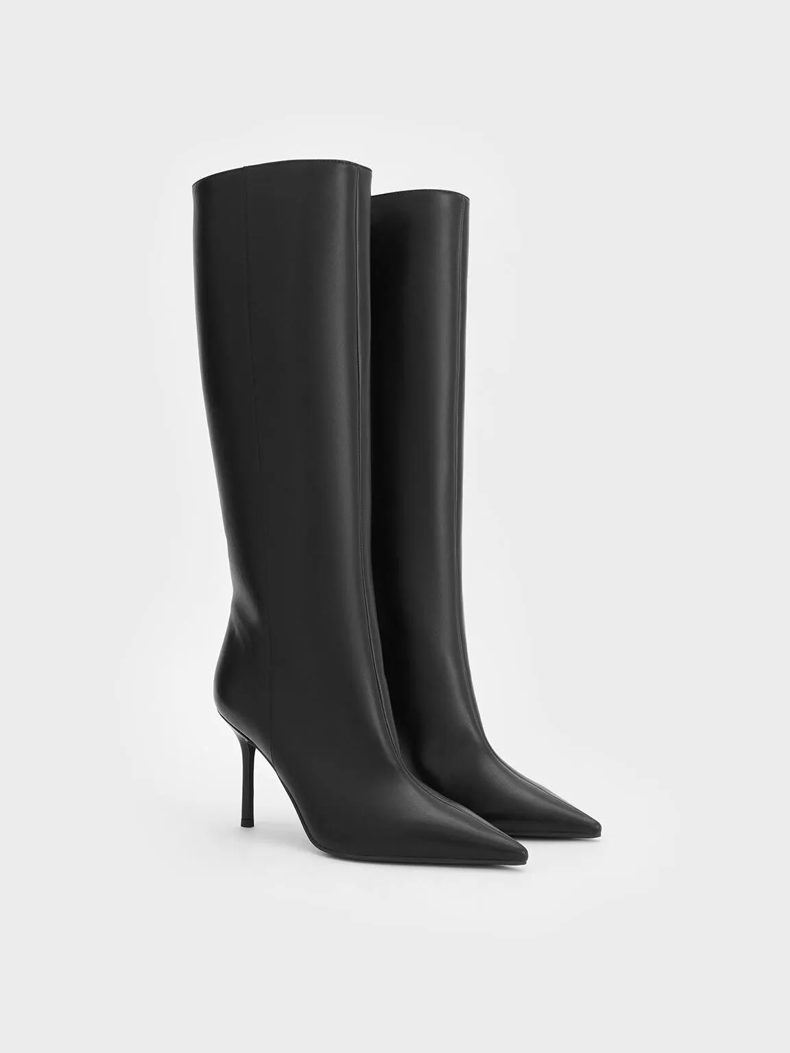 Pointed-Toe Stiletto-Heel Knee-High Boots - Black