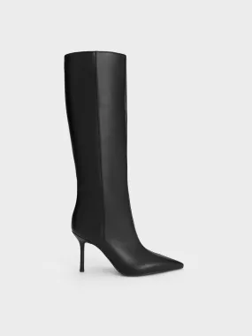 Pointed-Toe Stiletto-Heel Knee-High Boots - Black