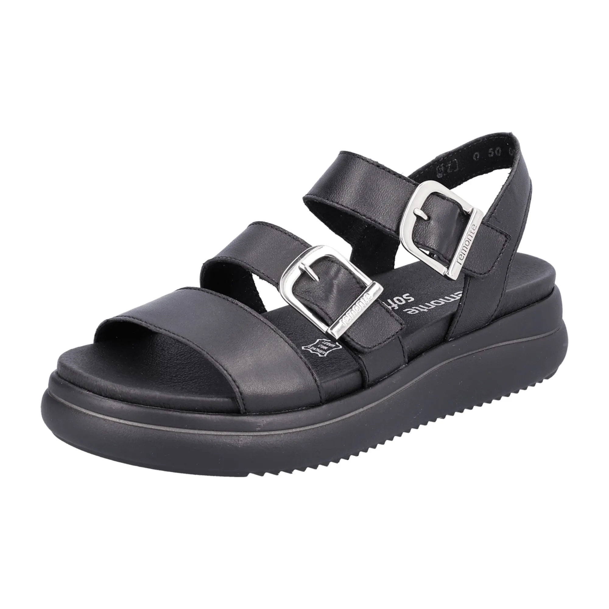 Remonte Black Leather Sandals for Women with Velcro Straps and Cushioned Sole