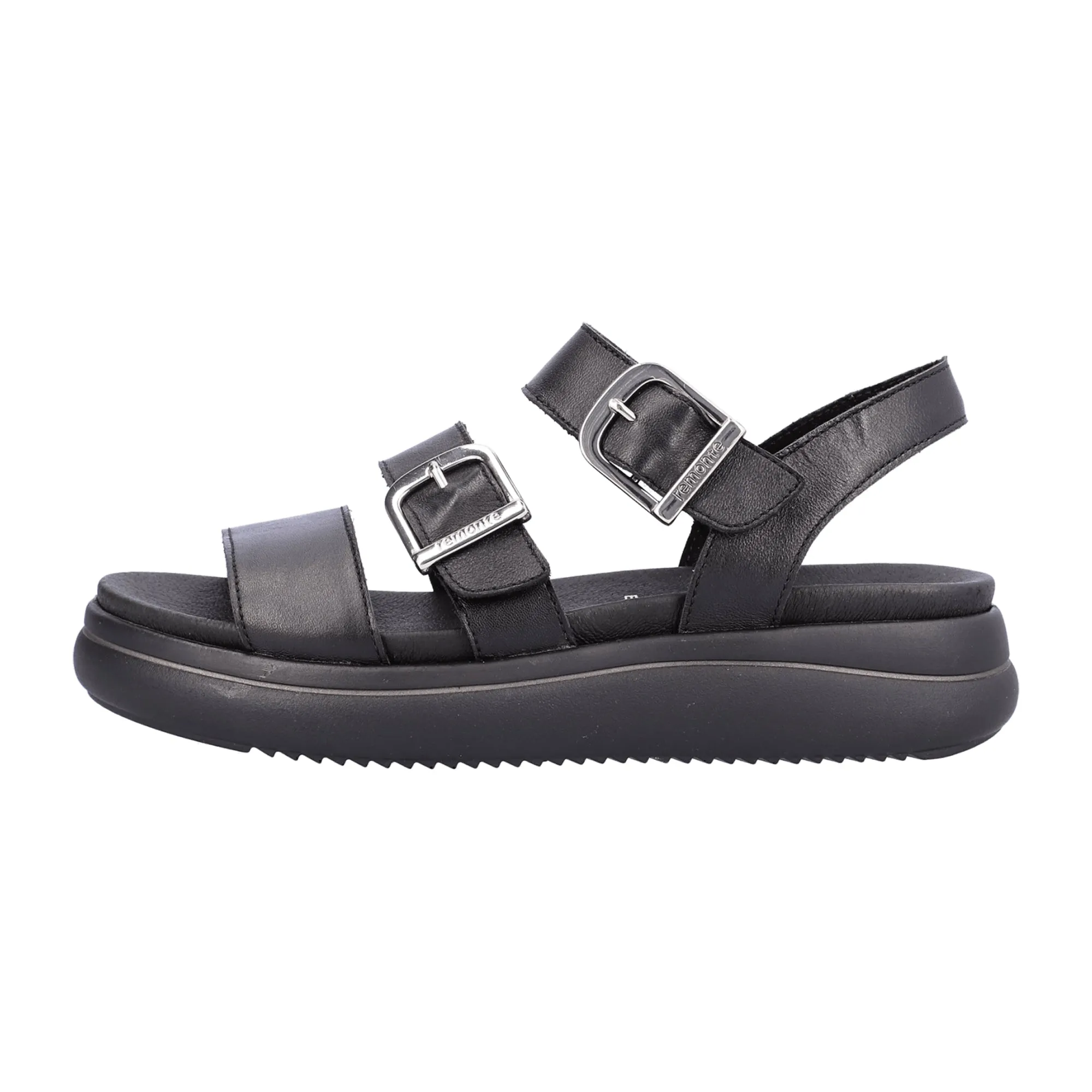 Remonte Black Leather Sandals for Women with Velcro Straps and Cushioned Sole