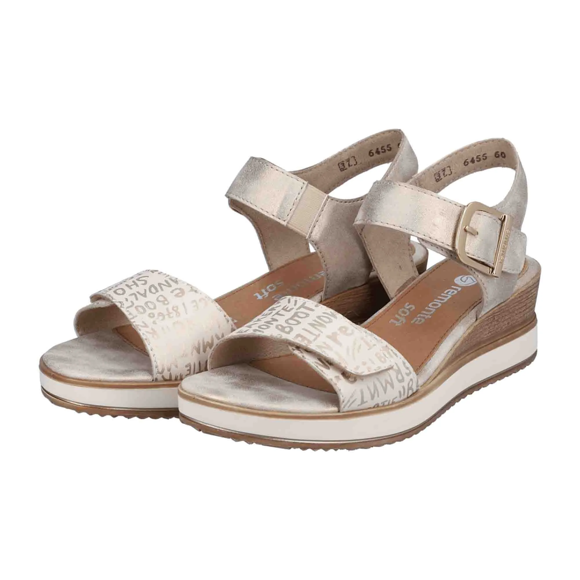 Remonte Women's Gold Wedge Sandals Leather Mix Spring Summer Velcro Closure