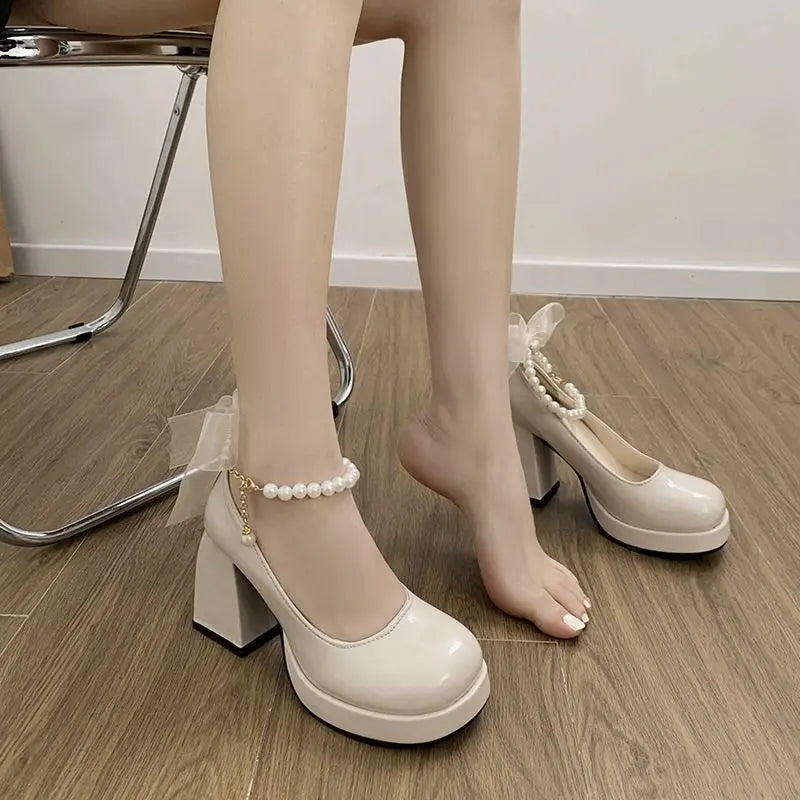 Retro Pearl Bow Mary Jane Shoes