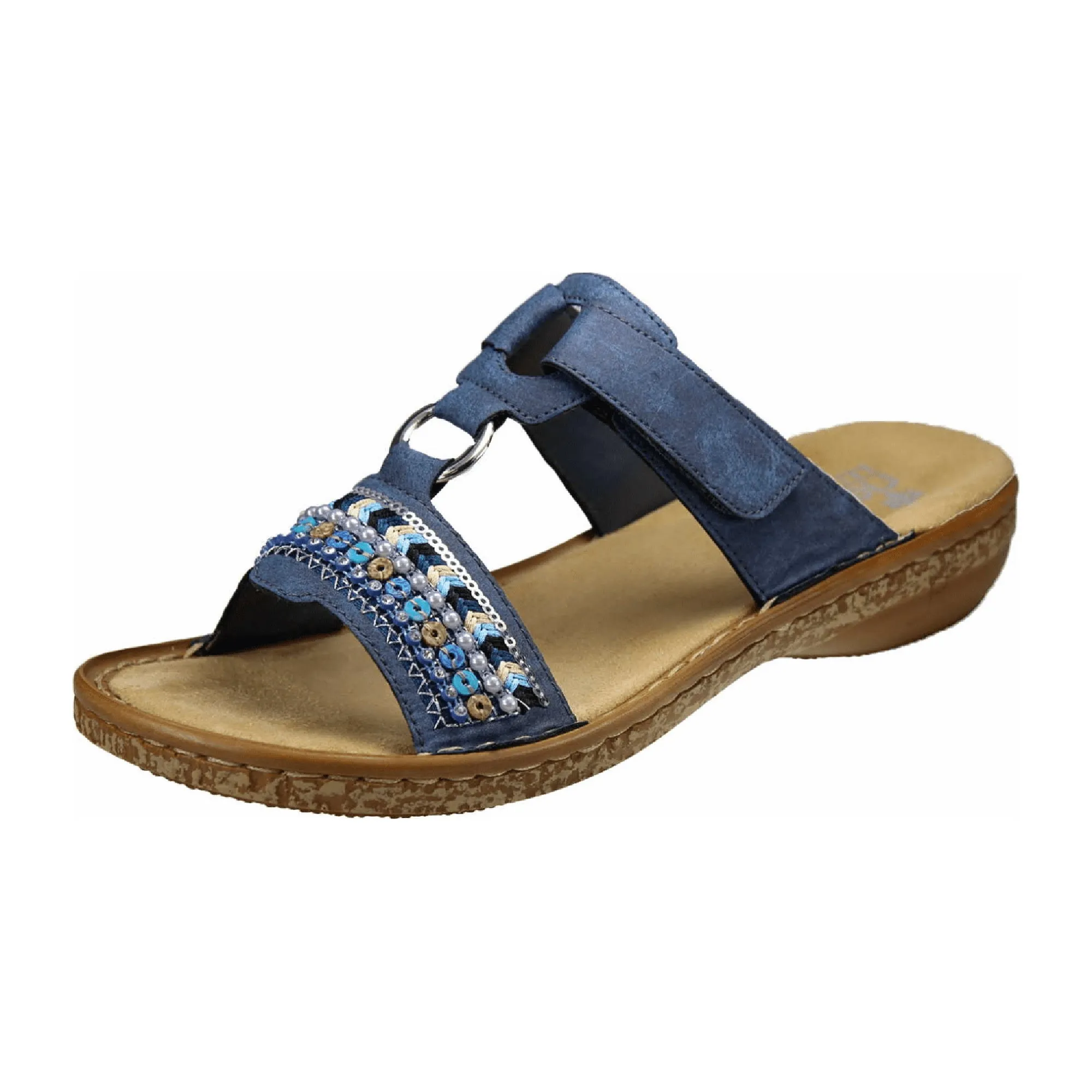 Rieker Denim Blue Women's Comfortable Leather Sandals with Velcro Closure