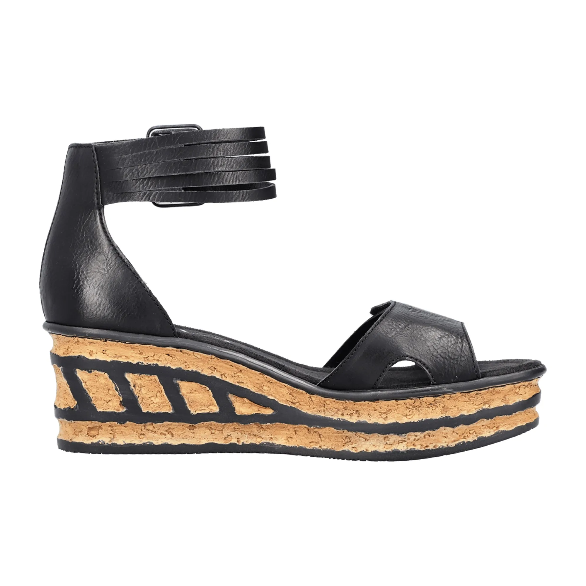 Rieker Women's Black Wedge Sandals with Velcro Strap and Cushioned Sole