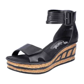 Rieker Women's Black Wedge Sandals with Velcro Strap and Cushioned Sole