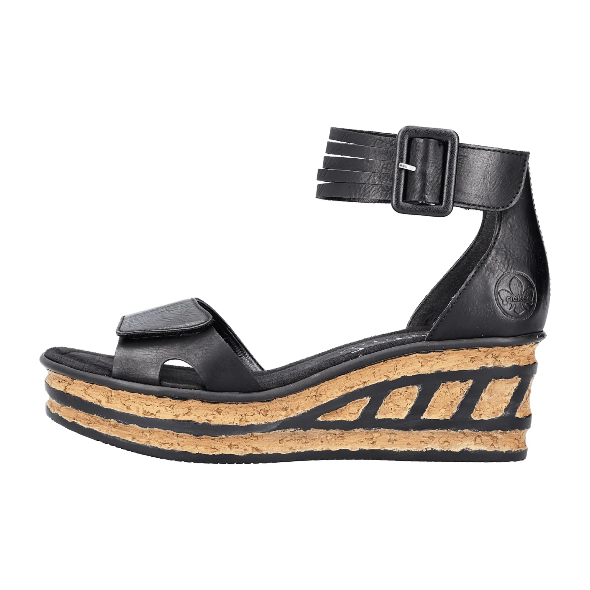 Rieker Women's Black Wedge Sandals with Velcro Strap and Cushioned Sole