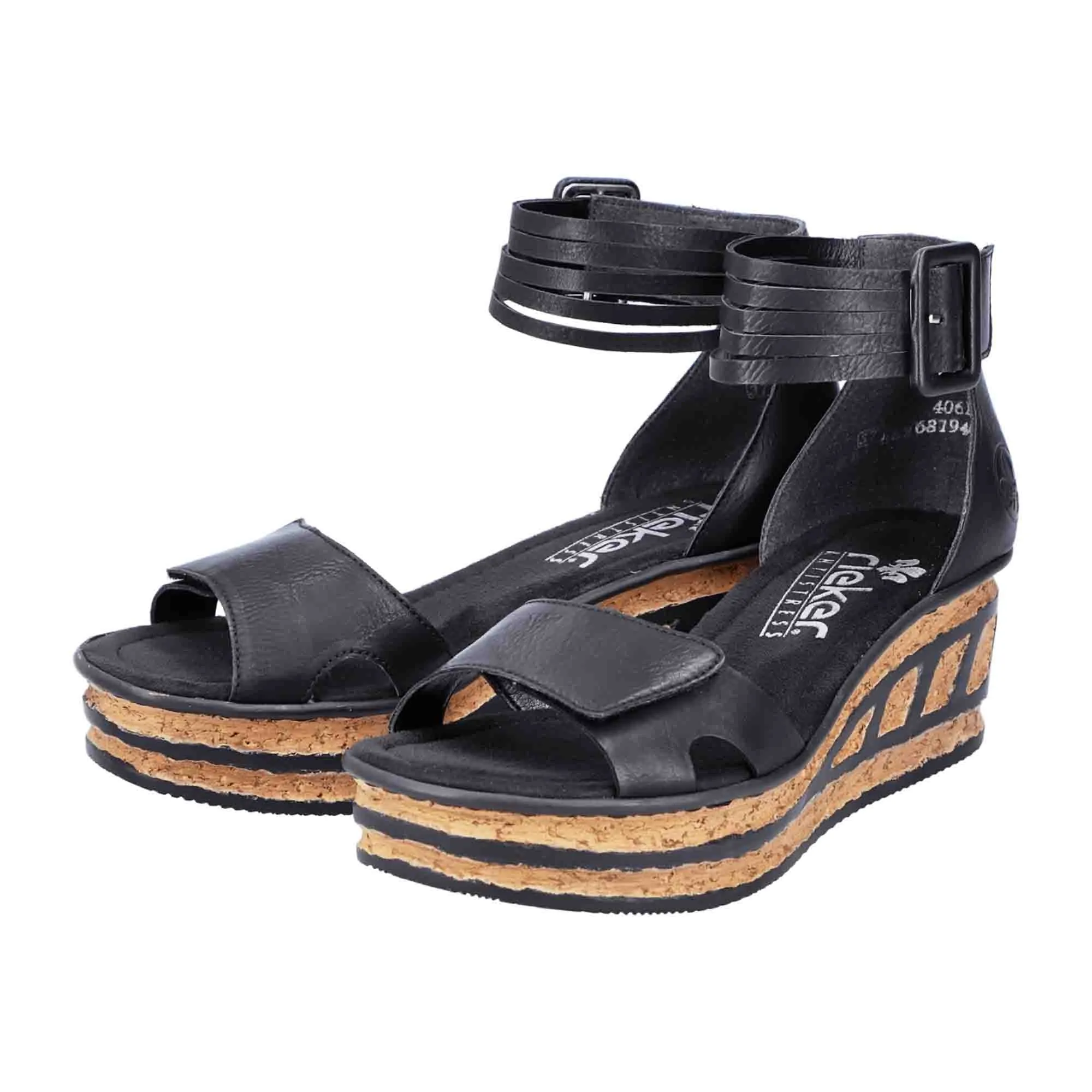 Rieker Women's Black Wedge Sandals with Velcro Strap and Cushioned Sole