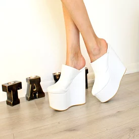 Sabo White 16 cm High Heel Platform Wedge Mules