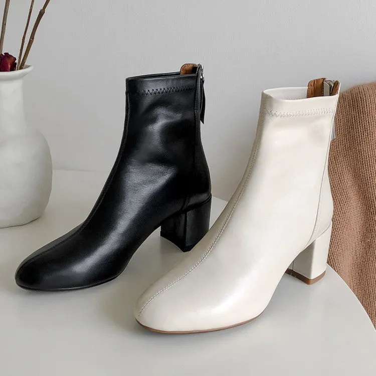 Thick Heel Short Cowhide Boots