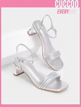 Woman Shoes Fashionable Silver Water Ripple Design Medium Heel Round Toe Sandals For Spring And Summer