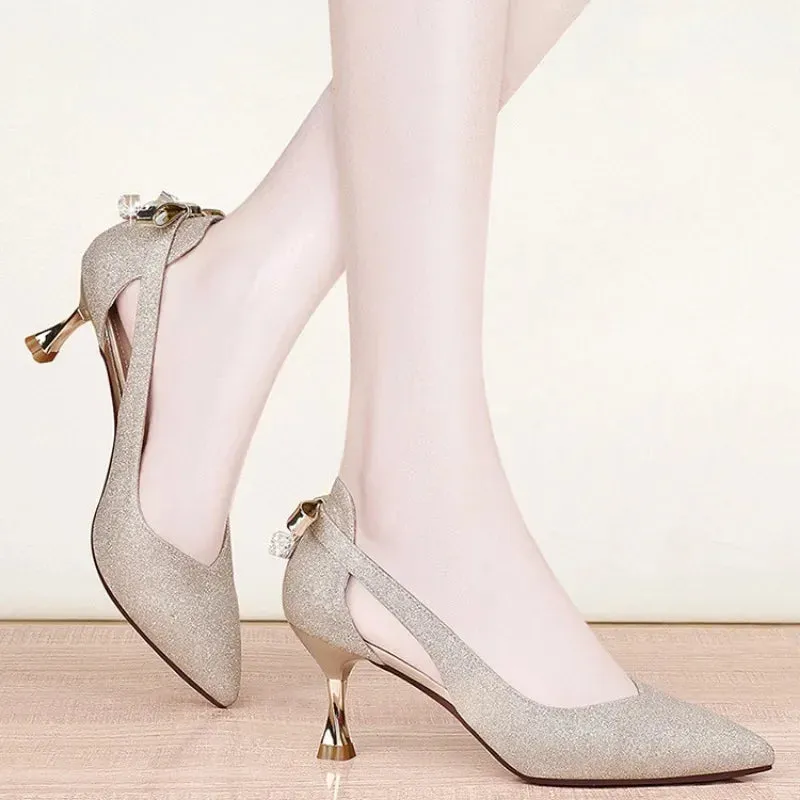 Women Pumps 2023 Autumer Champagne Bow Sexy Shoes for Women Stiletto Pointed Toe Shallow Wedding Party Shoes Women Zapatos